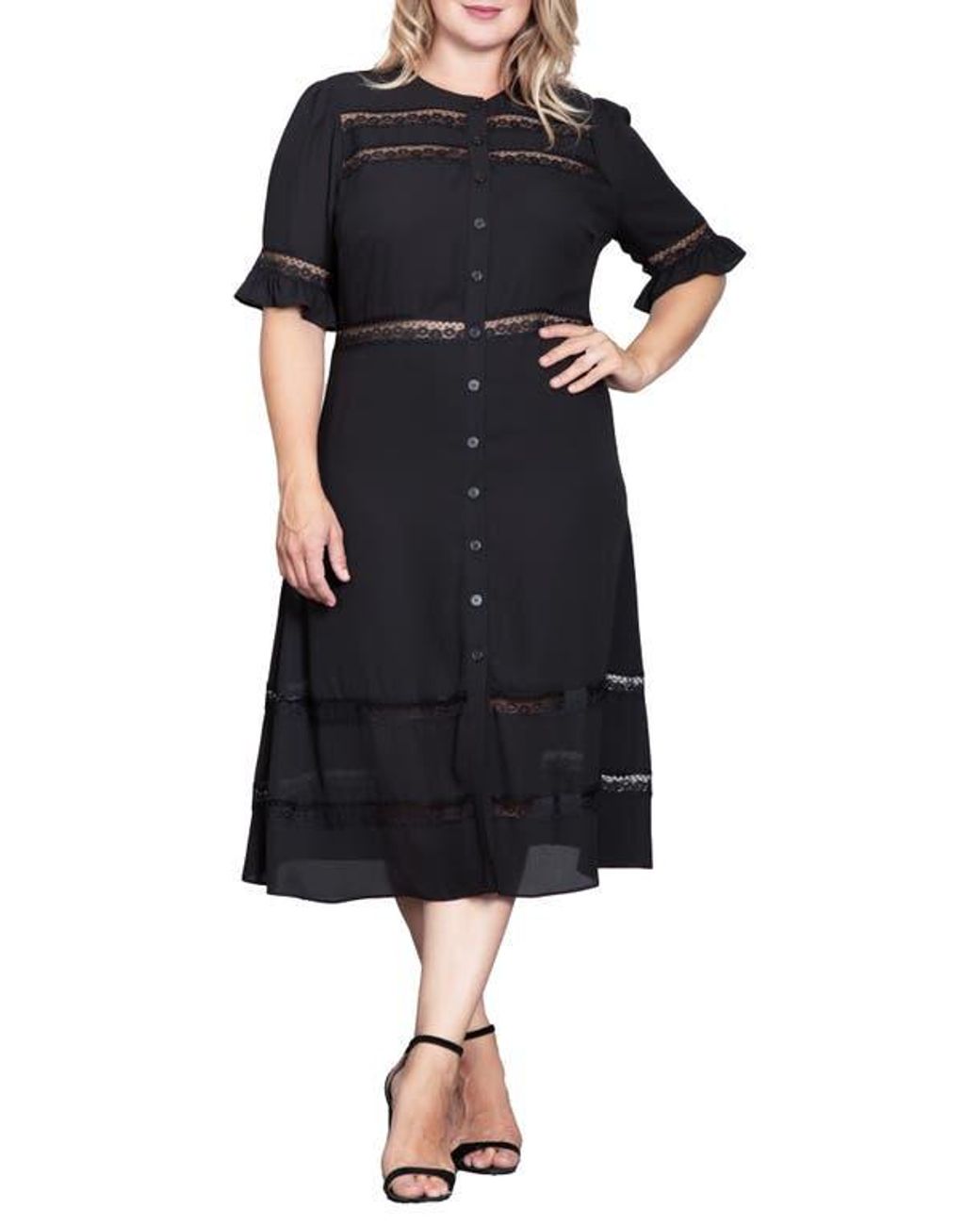 knee length dresses for ladies Women's Black Lace Ruffle Dress