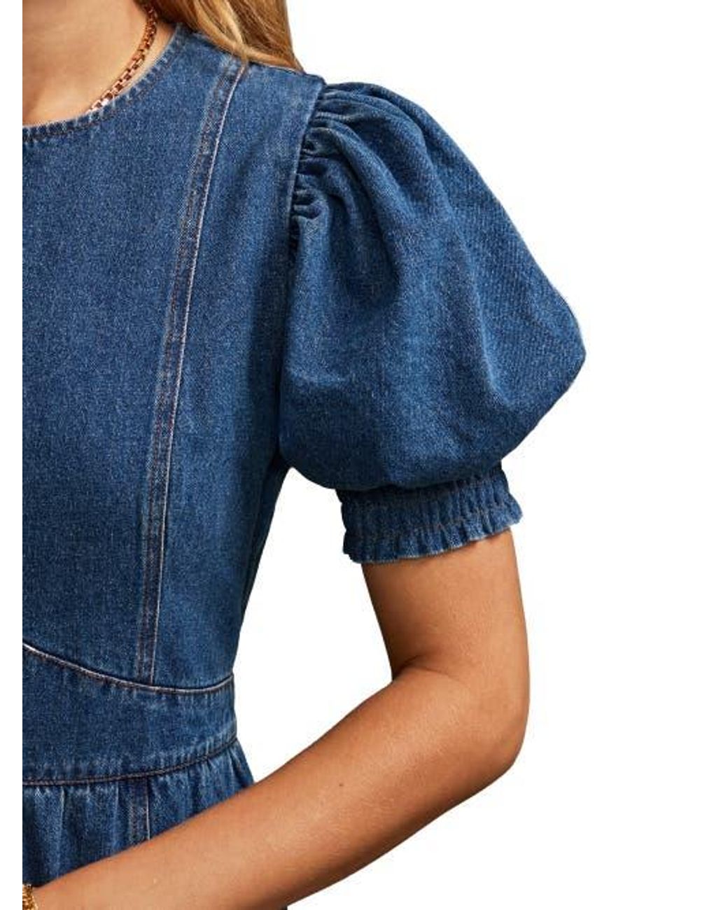 Ro&zo Denim Short Puff Sleeve Midi Dress in Blue | Lyst