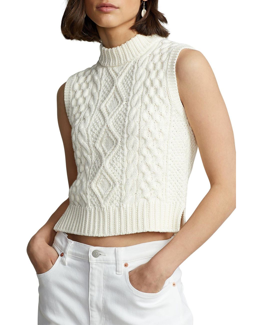 Polo Ralph Lauren Mock Neck Cotton Cable Sweater Vest in White | Lyst