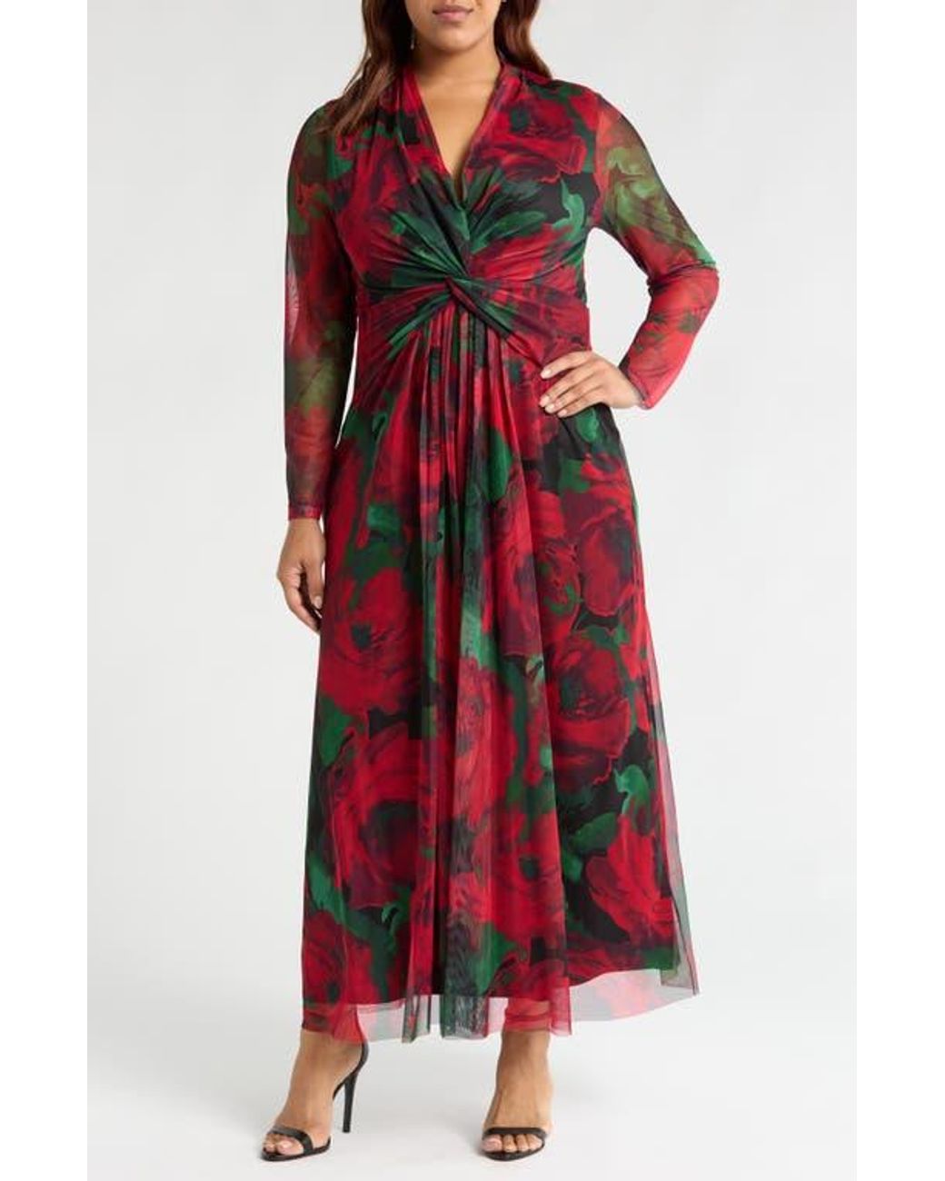 Anne Klein Floral Twist Front Long Sleeve Mesh Maxi Dress in Red | Lyst