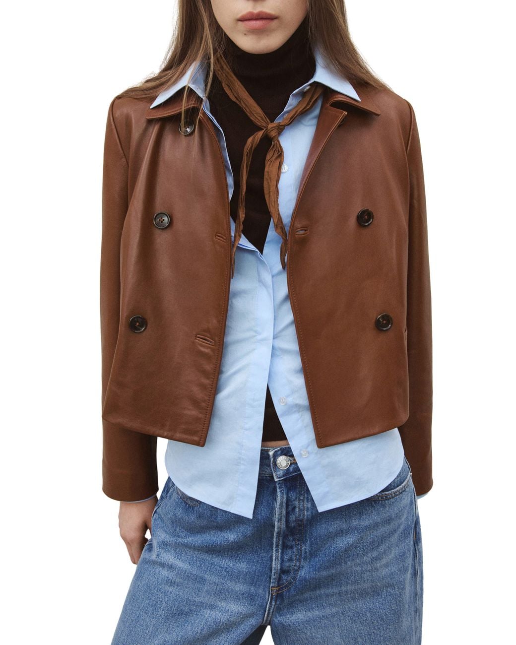Mango Brown Double Breasted Leather Jacket