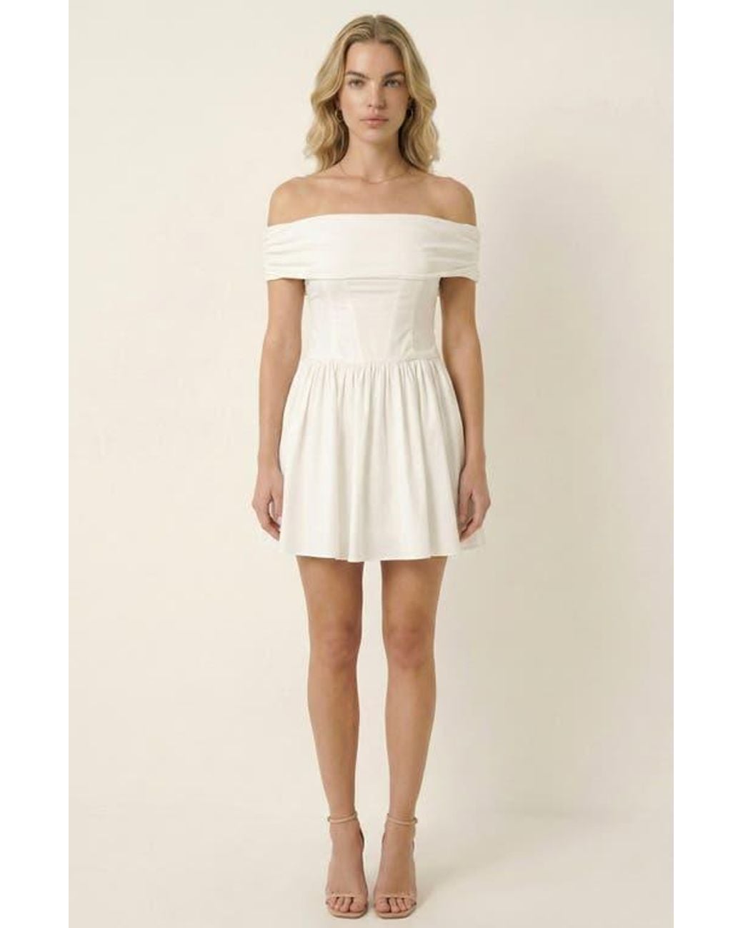 Modenaire Off-Shoulder Ruched Bodice Mini Dress With Flowy Skirt in White