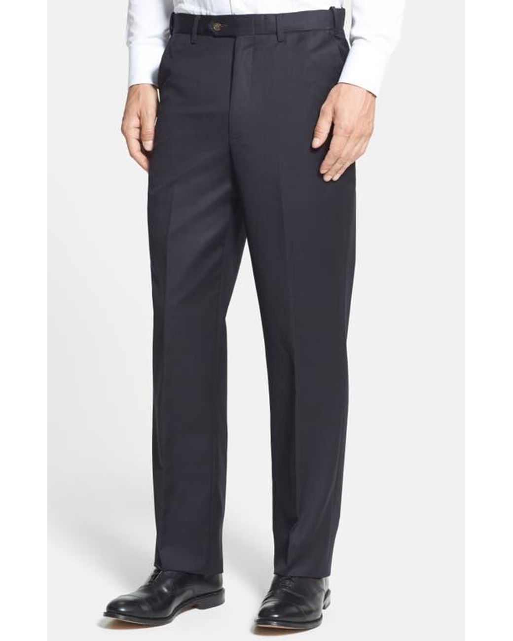 Berle Blue Self Sizer Waist Flat Front Classic Fit Wool Gabardine Trousers for men