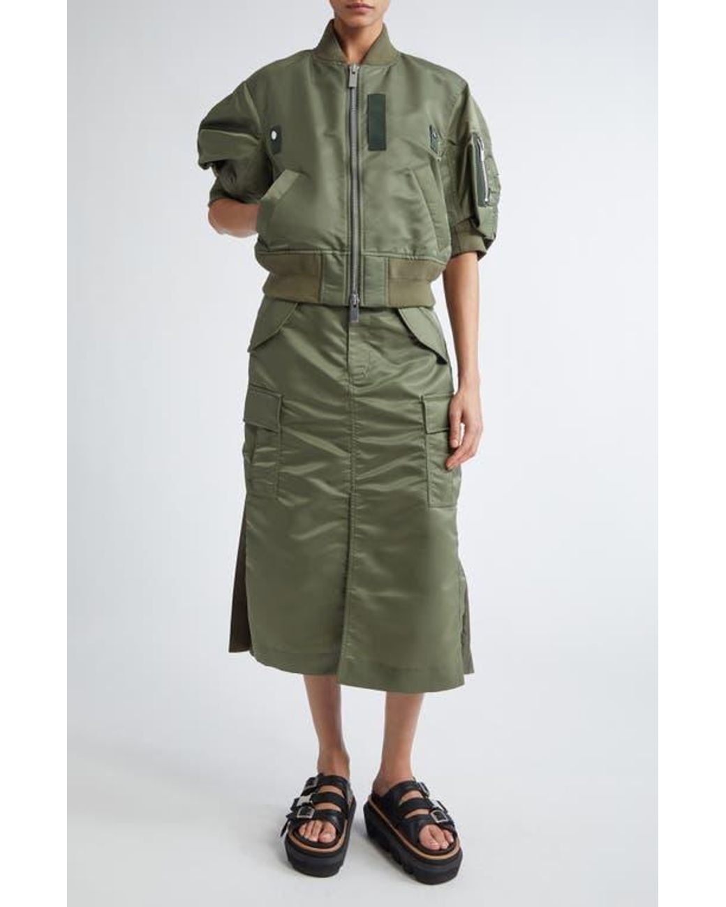 Sacai Short Sleeve Nylon Twill Bomber Jacket in Green | Lyst