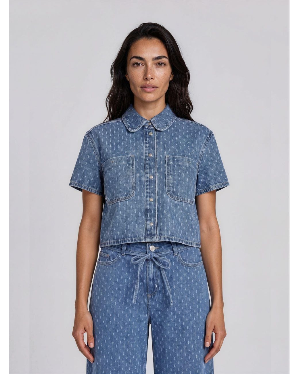 Masai Blue Cropped Collared Snap-Front Shacket