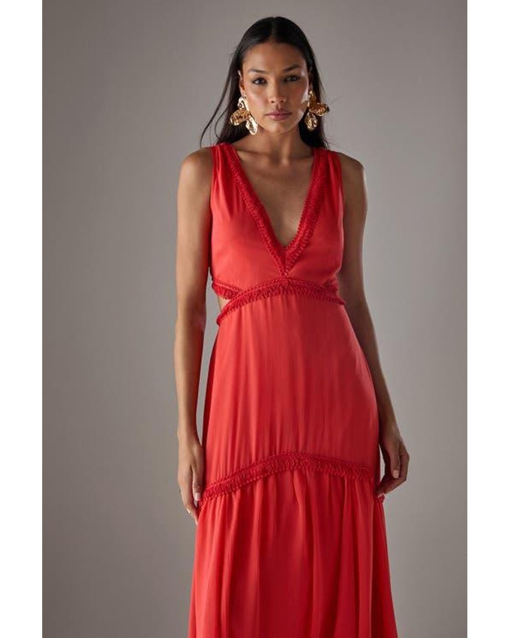 Warehouse Red Chiffon Fringe Trim Cut Out Maxi Dress