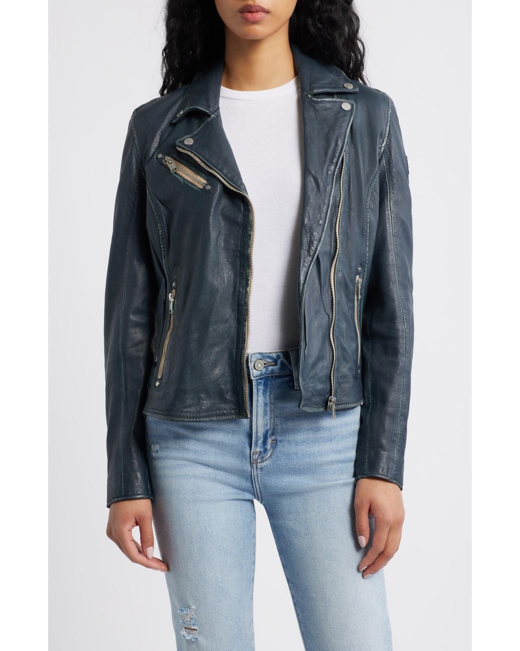Mauritius Blue Sofia Lambskin Moto Jacket