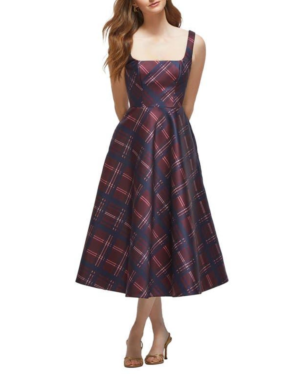 The Dessy Group Alba Tartan Square Neck Midi Cocktail Dress in Purple | Lyst