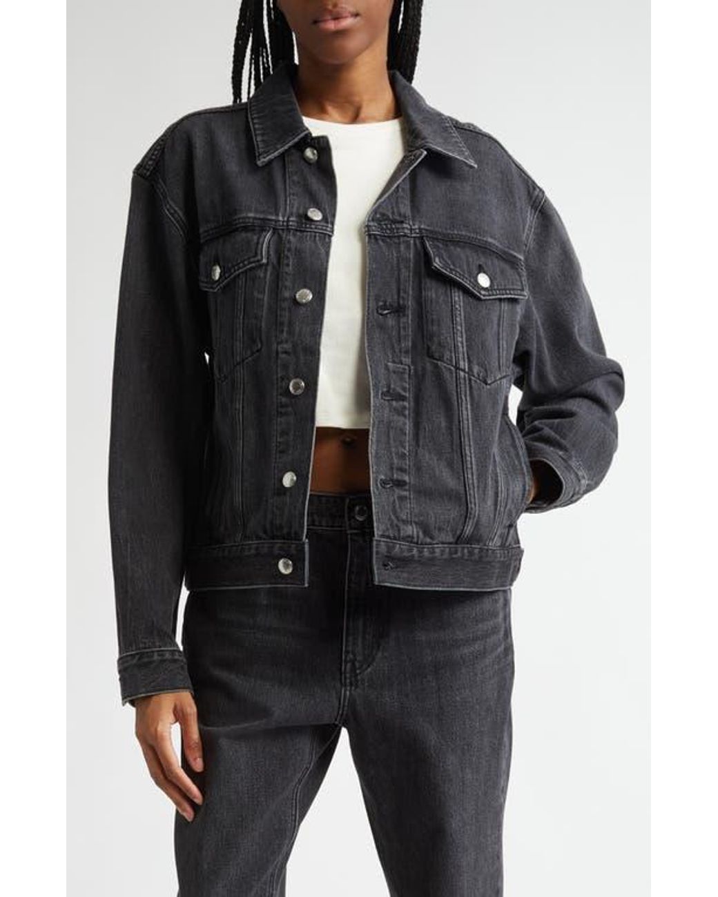 ジャケット Alexander Wang EMBOSSED LOGO TRUCKER DENIM JACKET Alexander Wang Oversize Logo Embossed Denim Trucker Jacket
