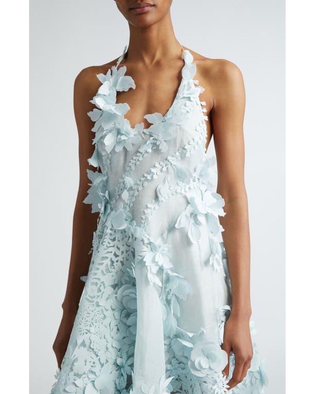 zimmermann laser cut dress Zimmermann Natura Laser Cut Linen & Silk Halter Dress in Blue