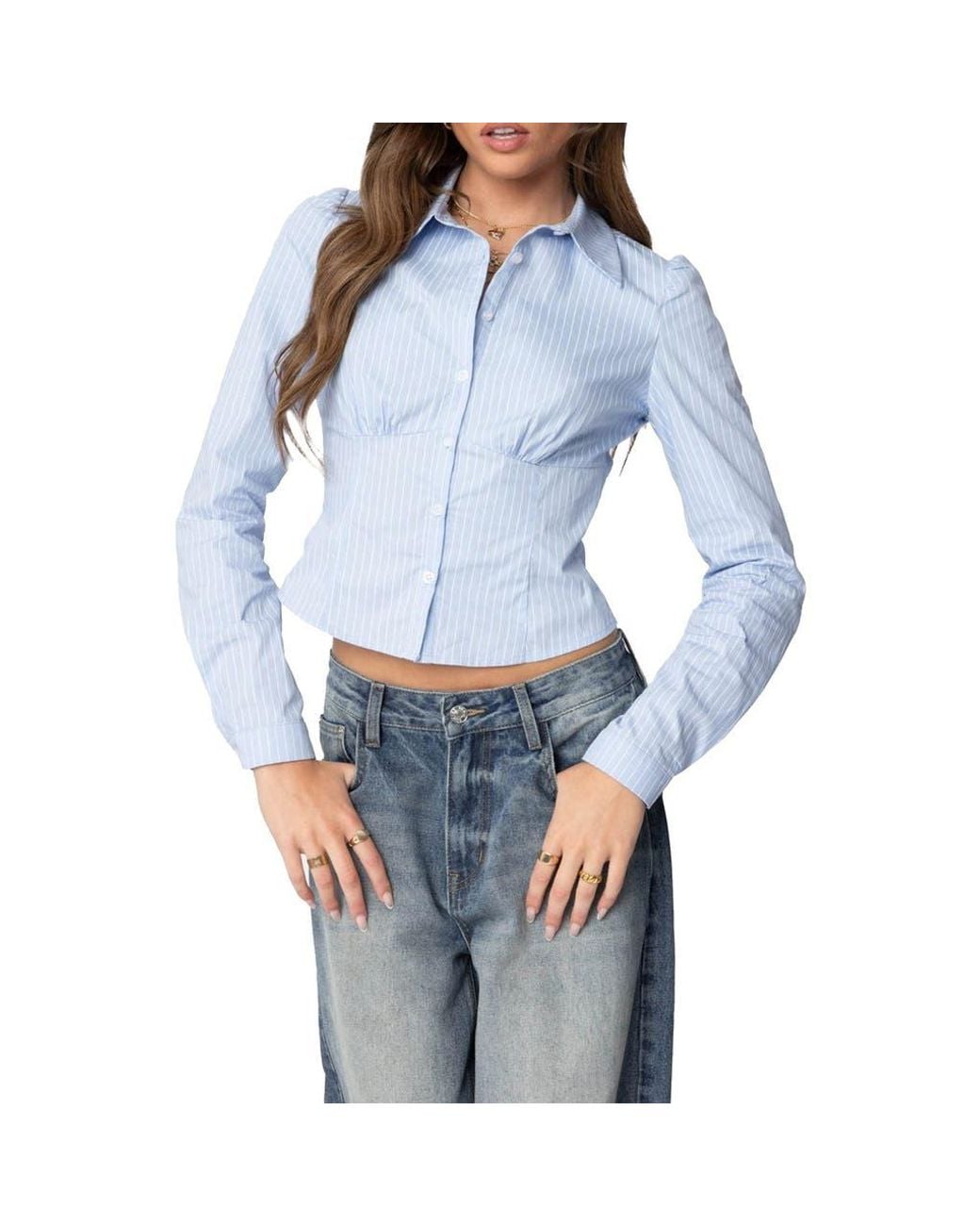 Edikted Pinstripe Tailored Cotton Poplin Button-Up Shirt in Blue | Lyst