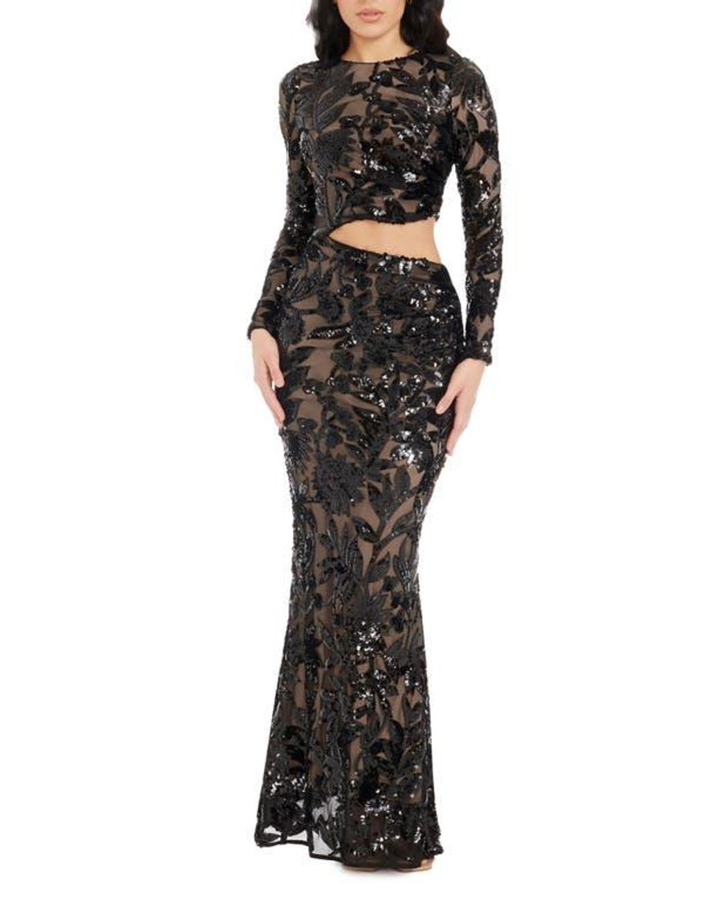 Dress the Population Candace Floral Sequin Cutout Long Sleeve Mermaid Gown  in Black | Lyst