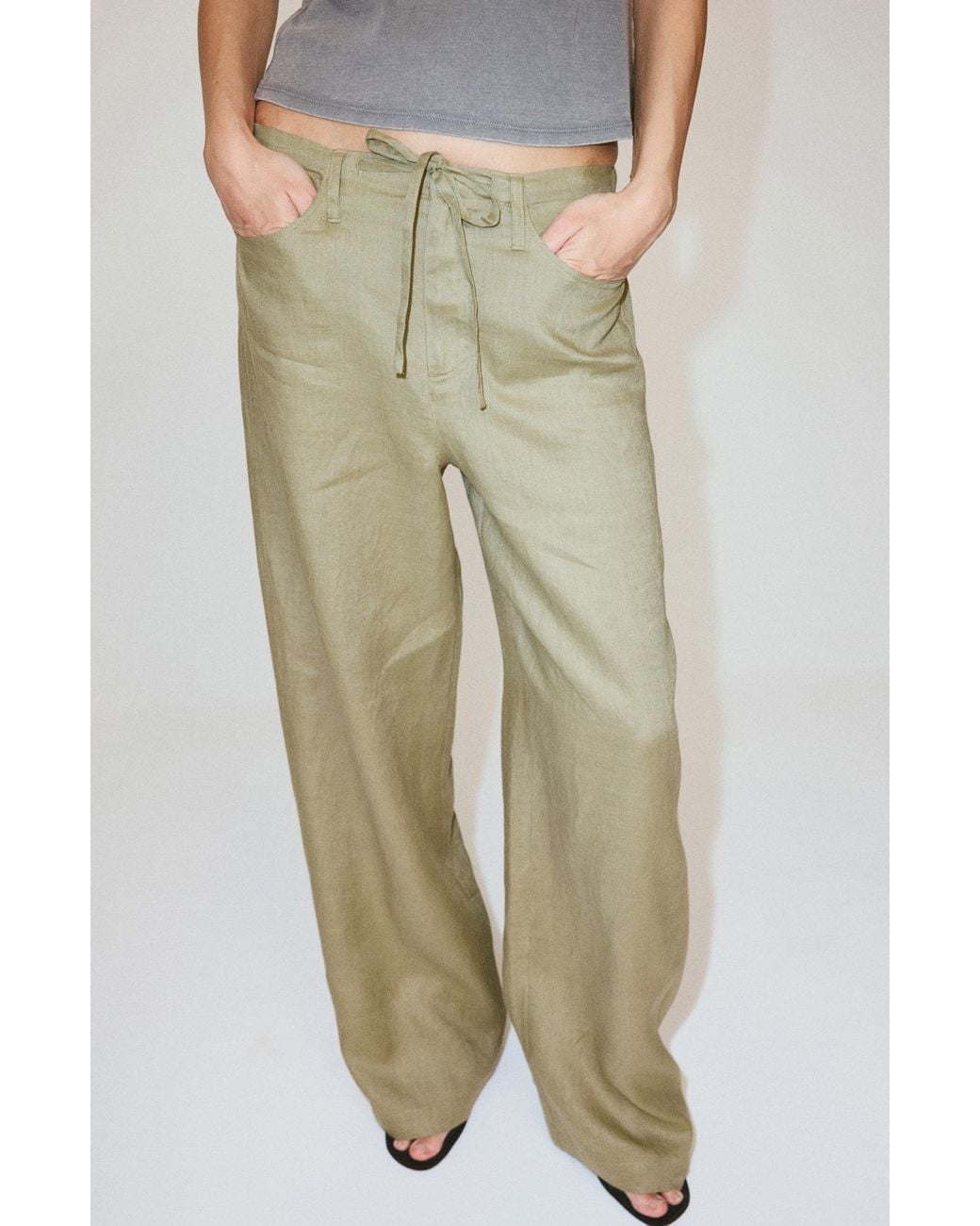 Mango Natural Bow Linen Pants