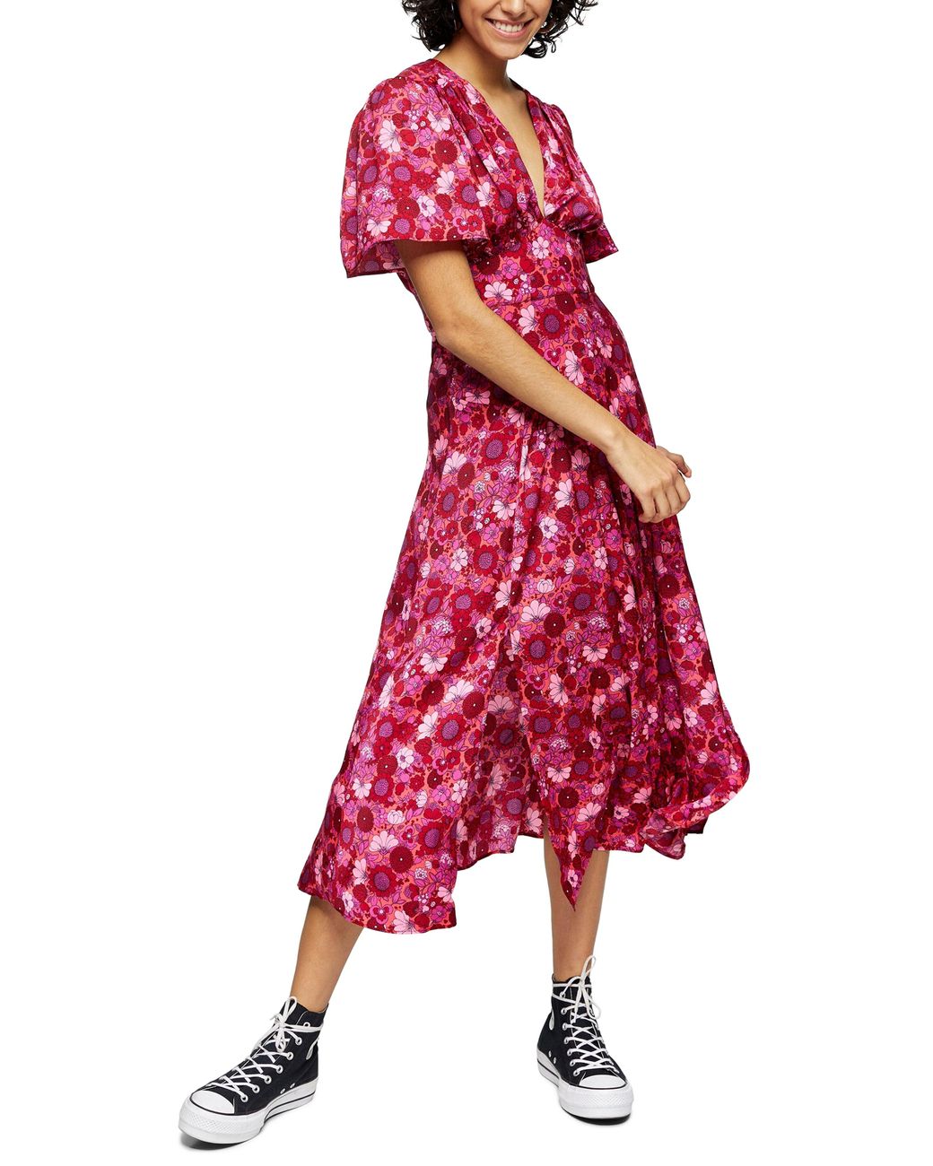 TOPSHOP Willow Pink Floral Print Angel Sleeve Midi Dress | Lyst