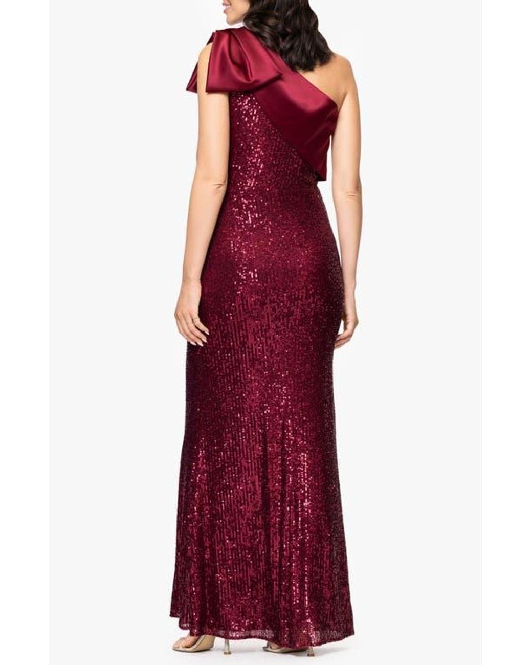 Betsy & Adam Sequin Bow One-Shoulder Column Gown in Red | Lyst