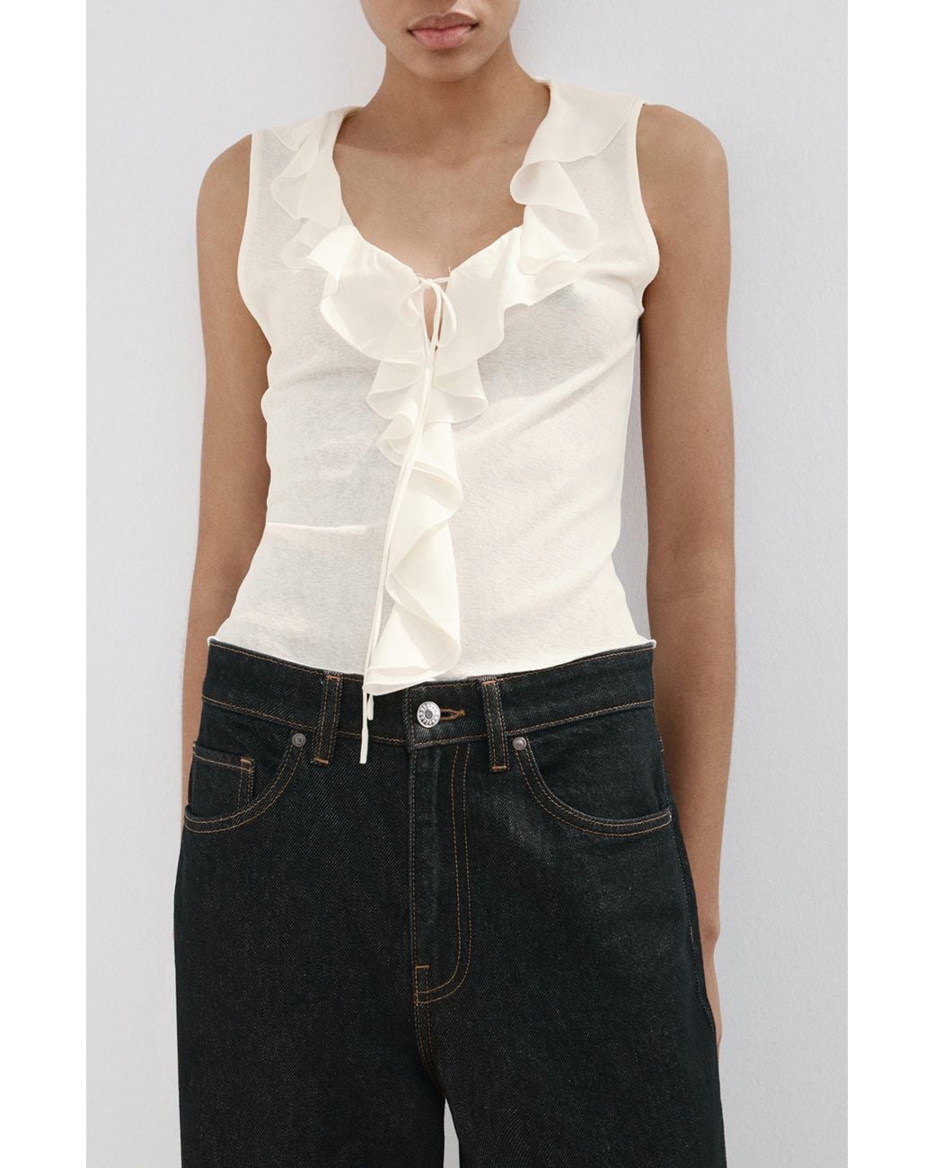 Mango White Ruffle Detail V-Neck Top