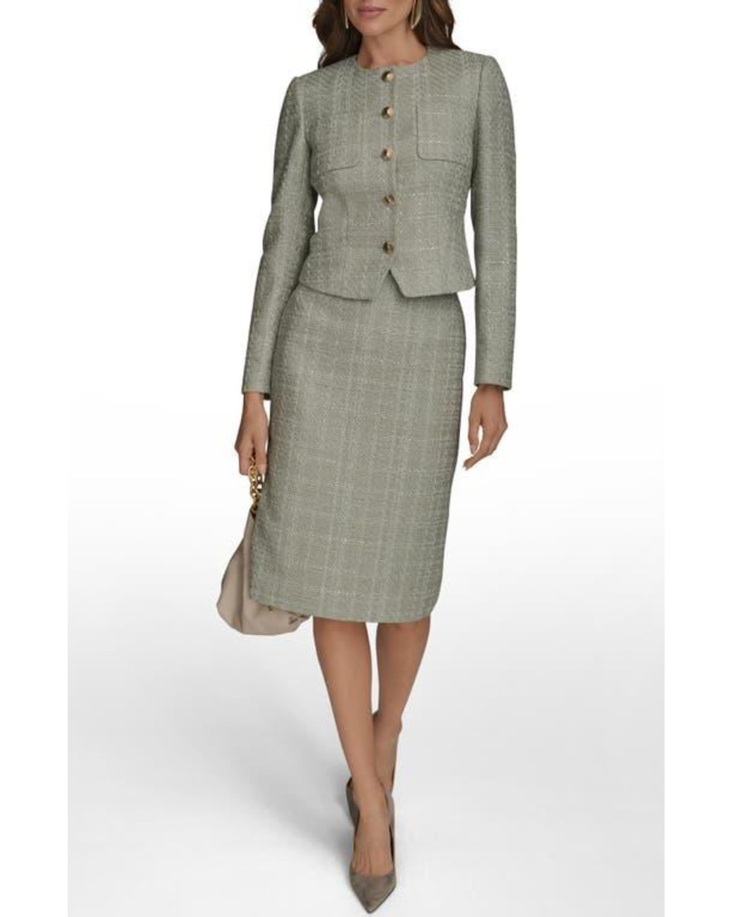 Donna Karan Gray Button Front Tweed Jacket