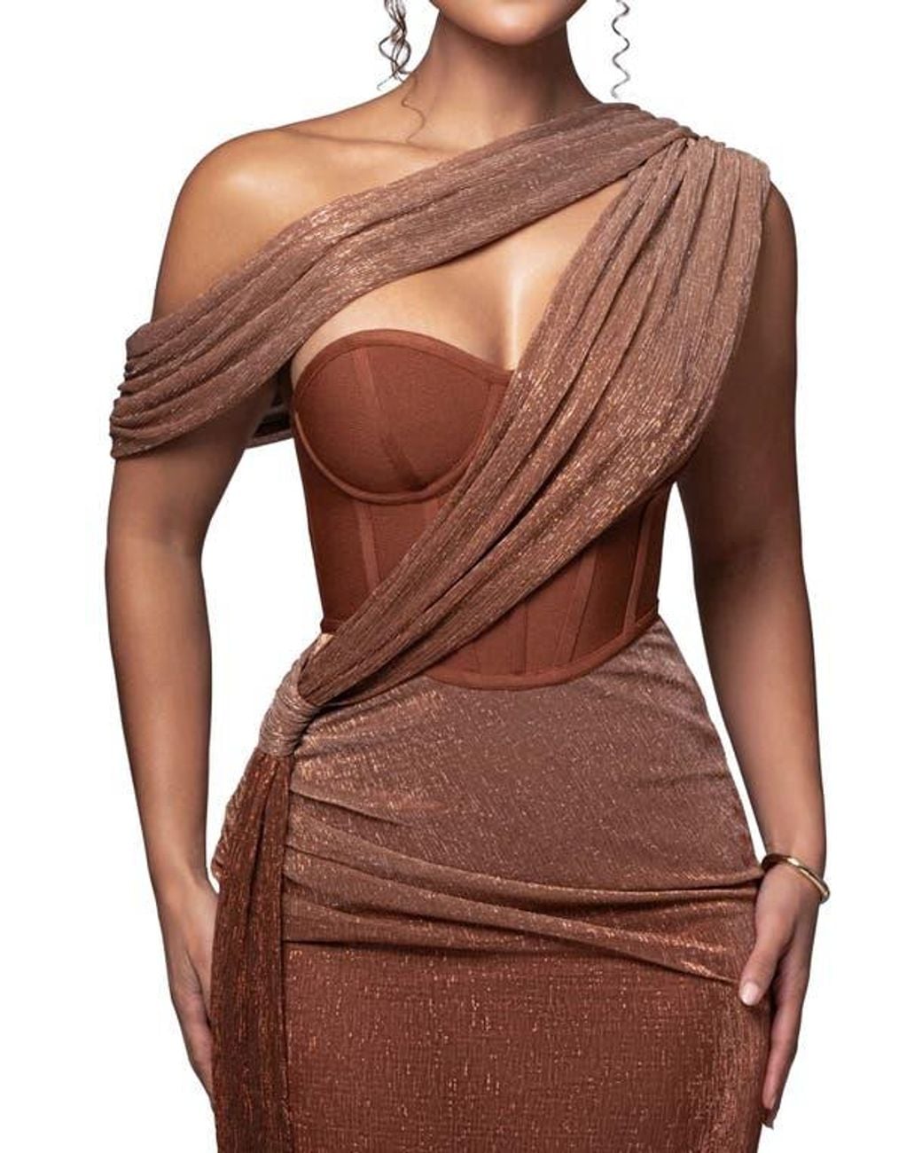 JLUXLABEL Celestina Metallic Drape Gown in Brown | Lyst