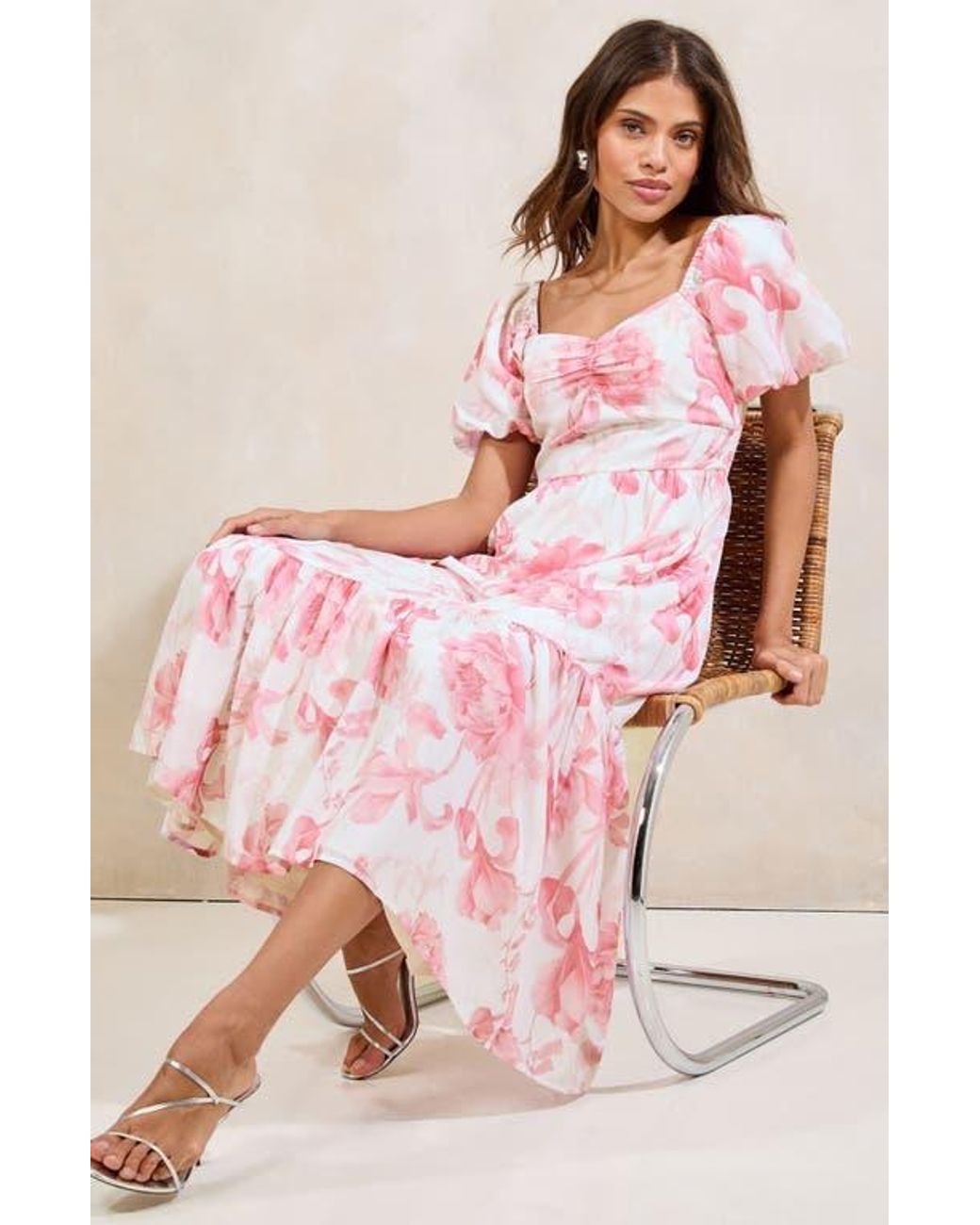 Lipsy Floral Print Puff Sleeve Midi Dress in Pink | Lyst