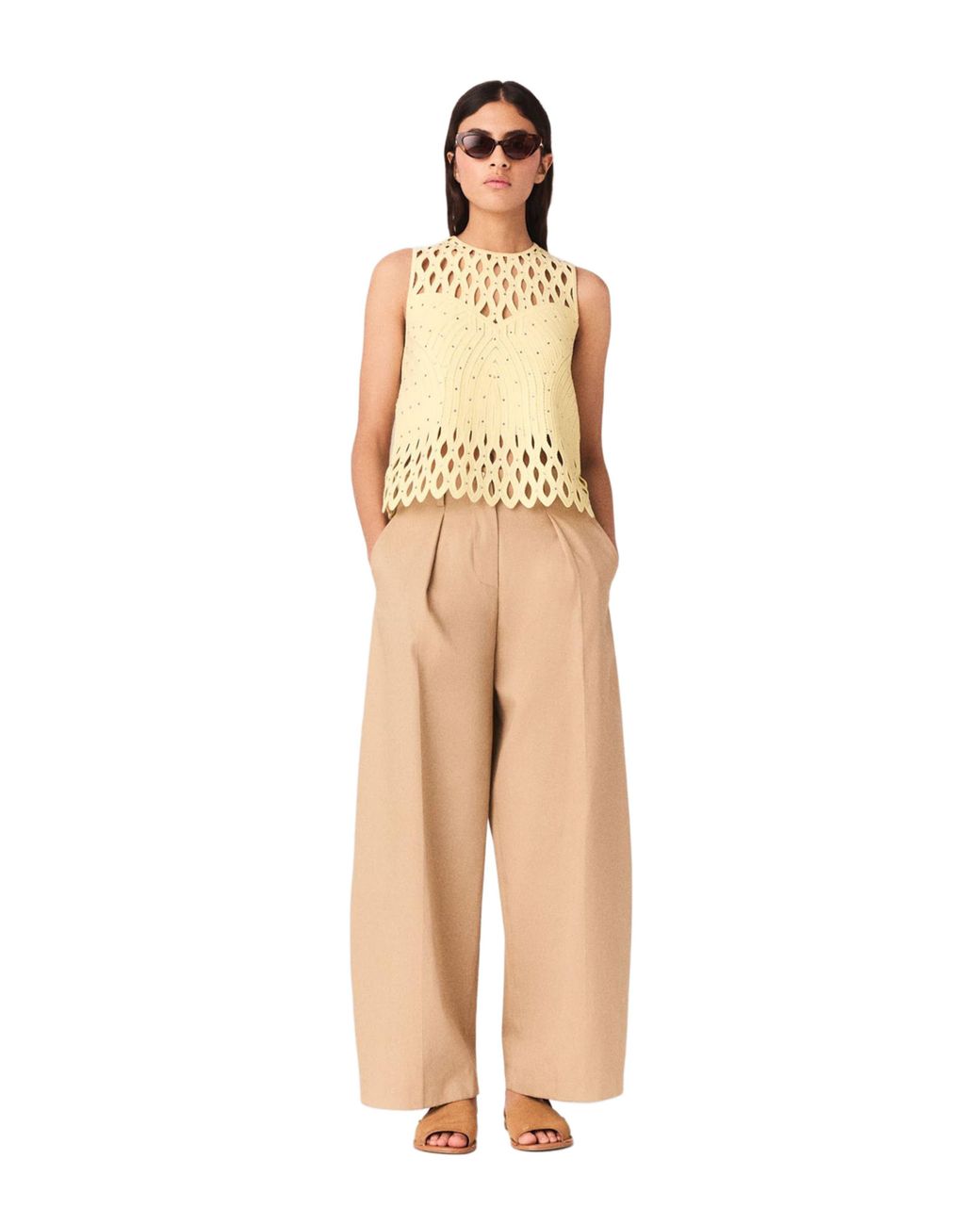 Maje Natural Crochet Rhinestone Top