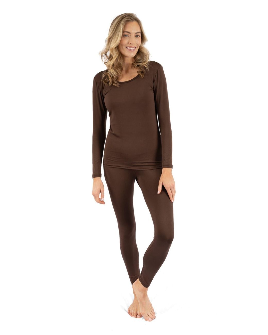 Leveret Brown Two-Piece Thermal Long Sleeve Solid Pajamas