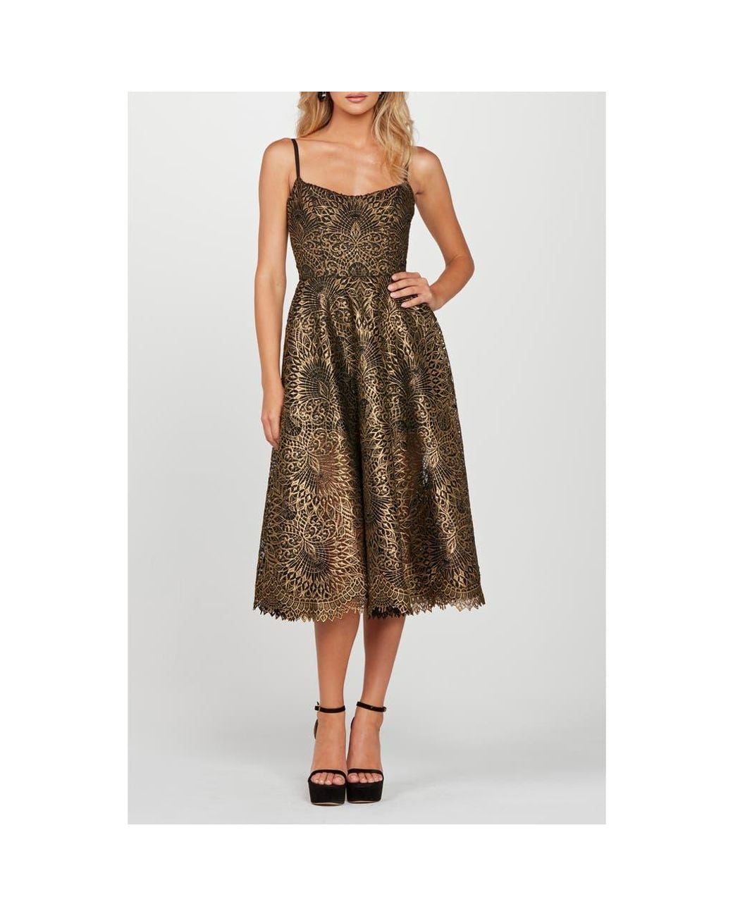 HELSI Taylor Metallic Lace Midi Cocktail Dress in Brown