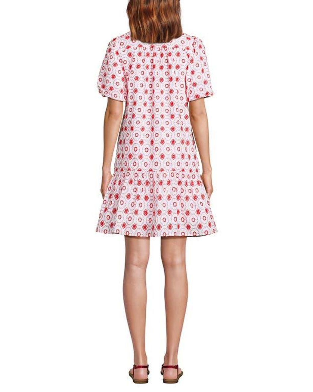 Lands' End Elbow Sleeve Eyelet Knee Length Shirt Dress in Red | Lyst