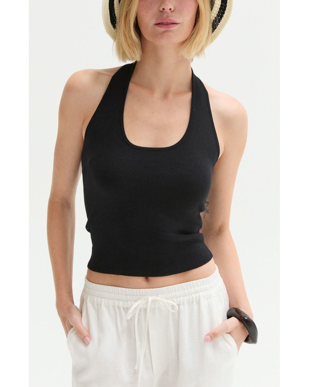 Crescent Black Halter Knit Top