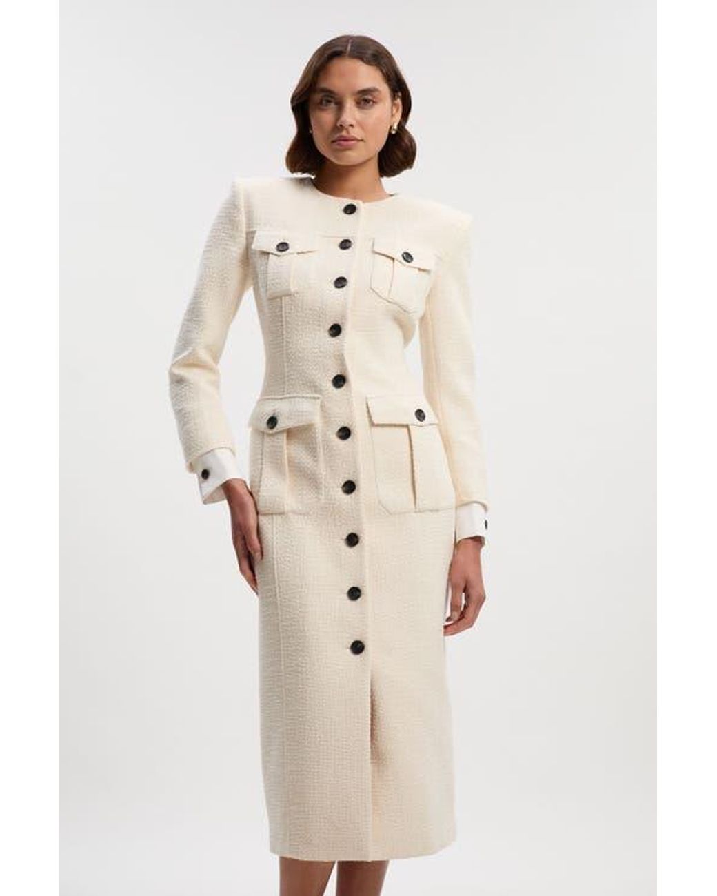 Karen Millen Tailored Pocket Front Midi Dress in Natural | Lyst