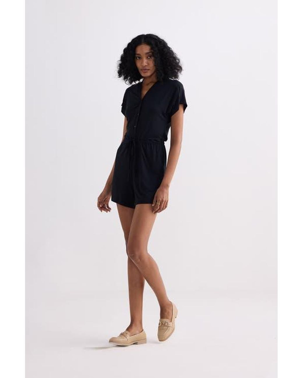 REISTOR Black V Neck Drawstring Knit Romper