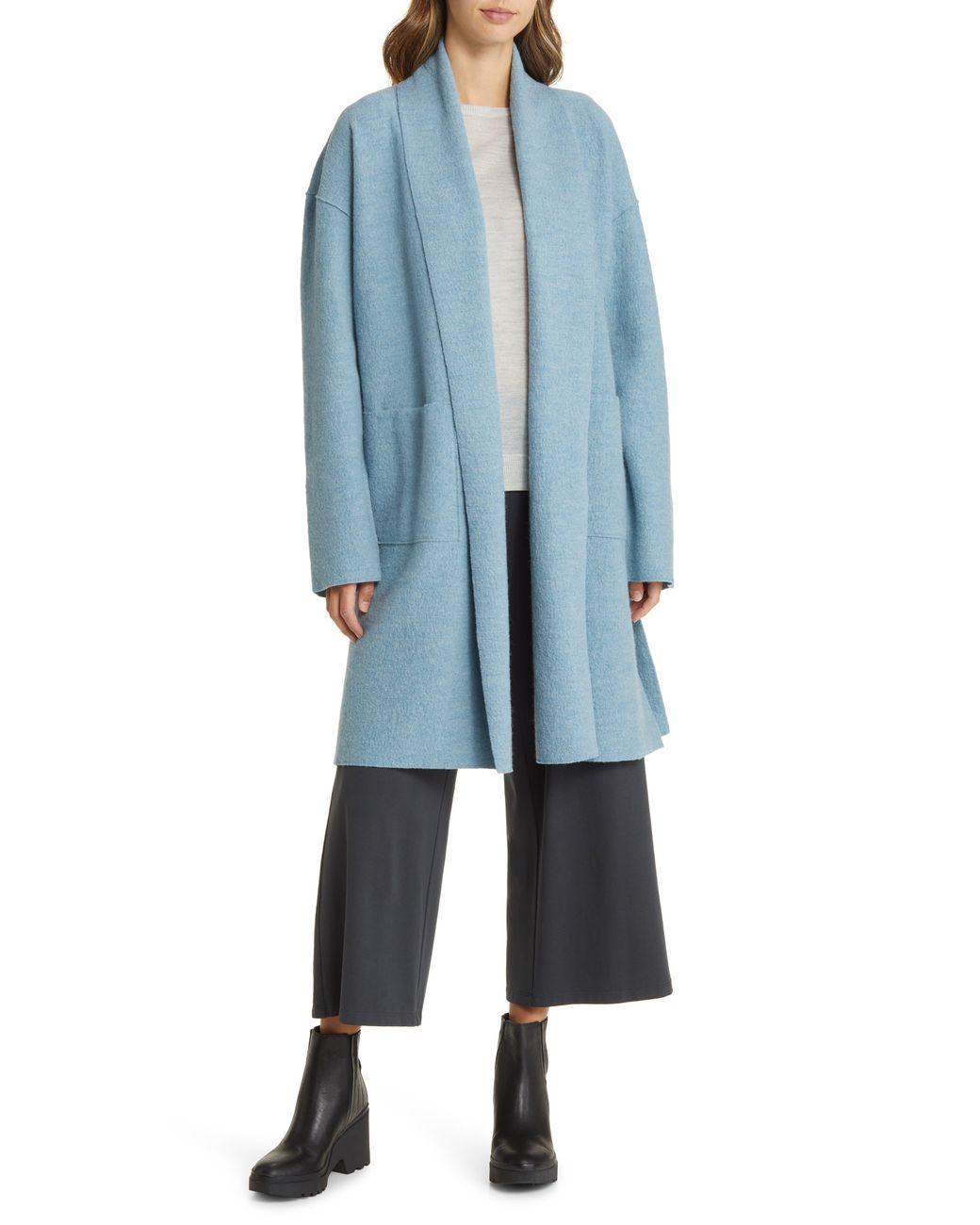 Eileen Fisher Shawl Collar Wool Coat in Blue | Lyst