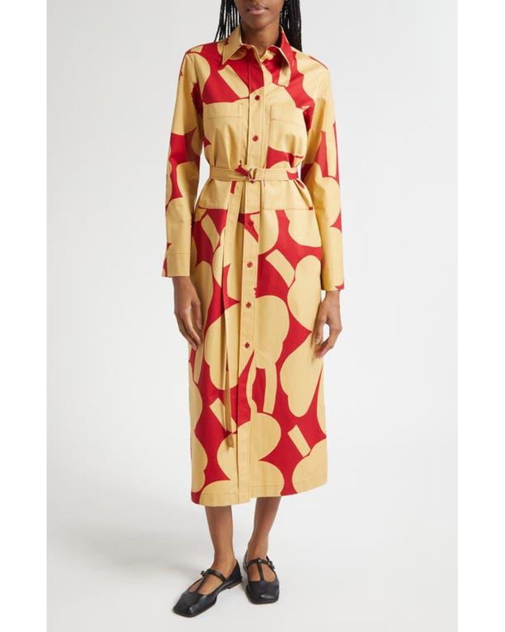 Marimekko Molla Unikko Floral Long Sleeve Twill Shirtdress in Orange | Lyst