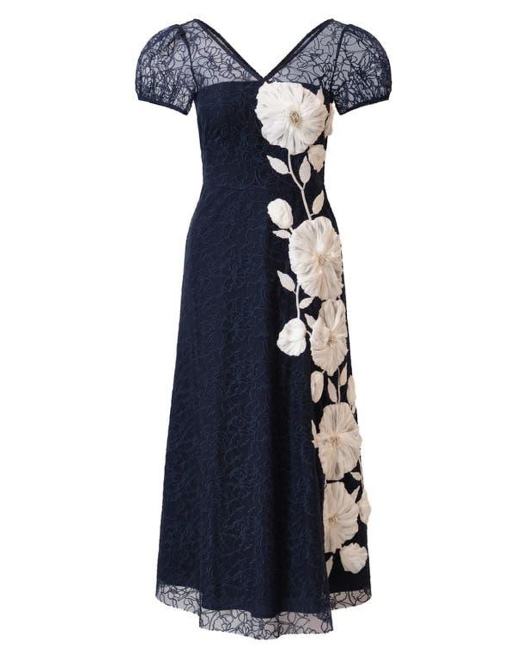 Kay Unger Blue Layla Floral Appliqué Embroidered Mesh Midi Dress