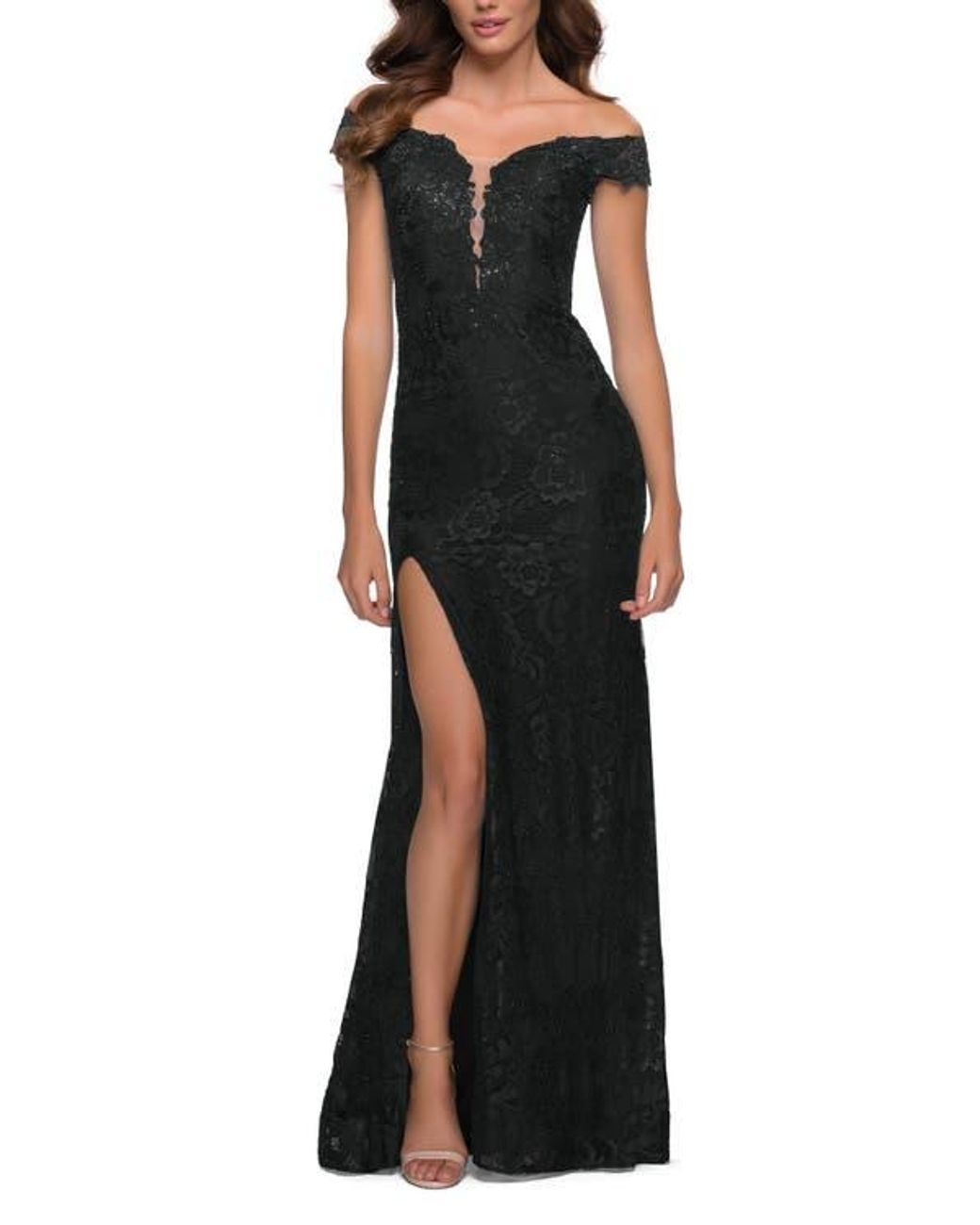 La Femme Lace Off The Shoulder Gown With Deep V Neckline in Black Lyst