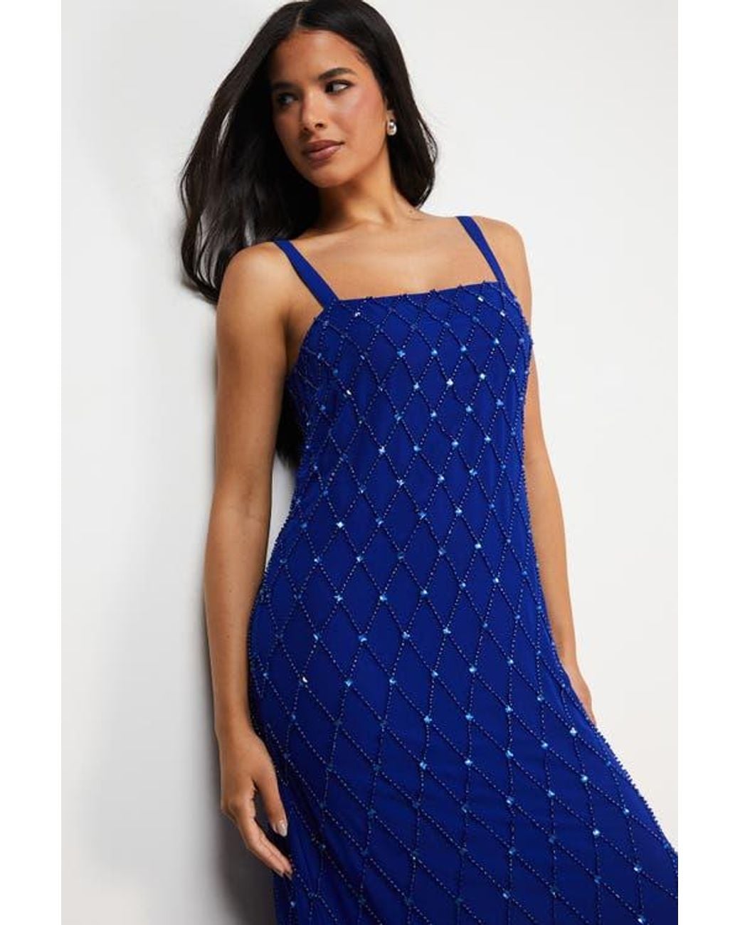 Warehouse Blue Hand Embellished Fringe Hem Midi Dress