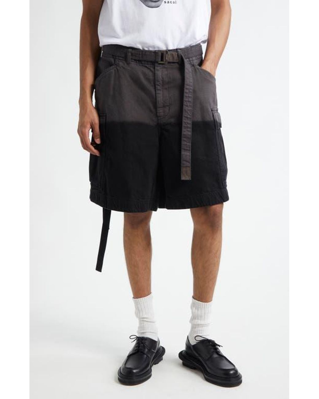 Sacai Belted Garment Dye Cotton Twill Cargo Shorts in Black
