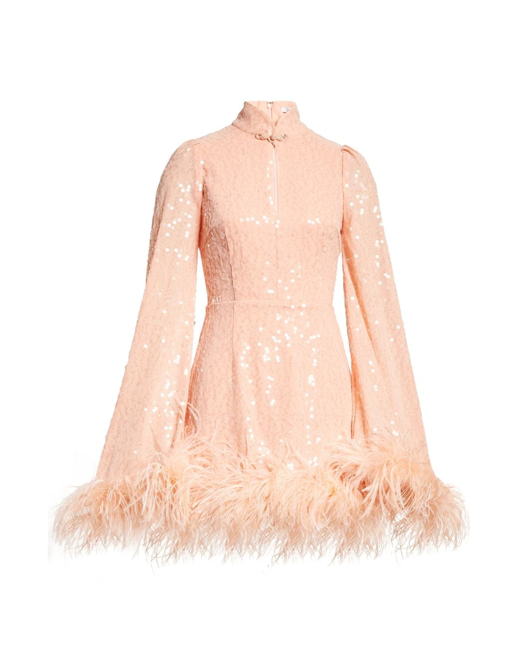 SAU LEE Bianca Sequin Feather Trim Long Sleeve Dress in Pink | Lyst
