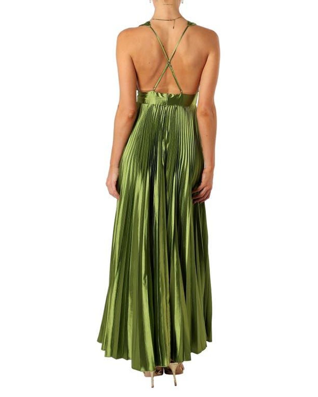 Petal & Pup Kris Plunge Neck Pleated Satin Gown in Green | Lyst