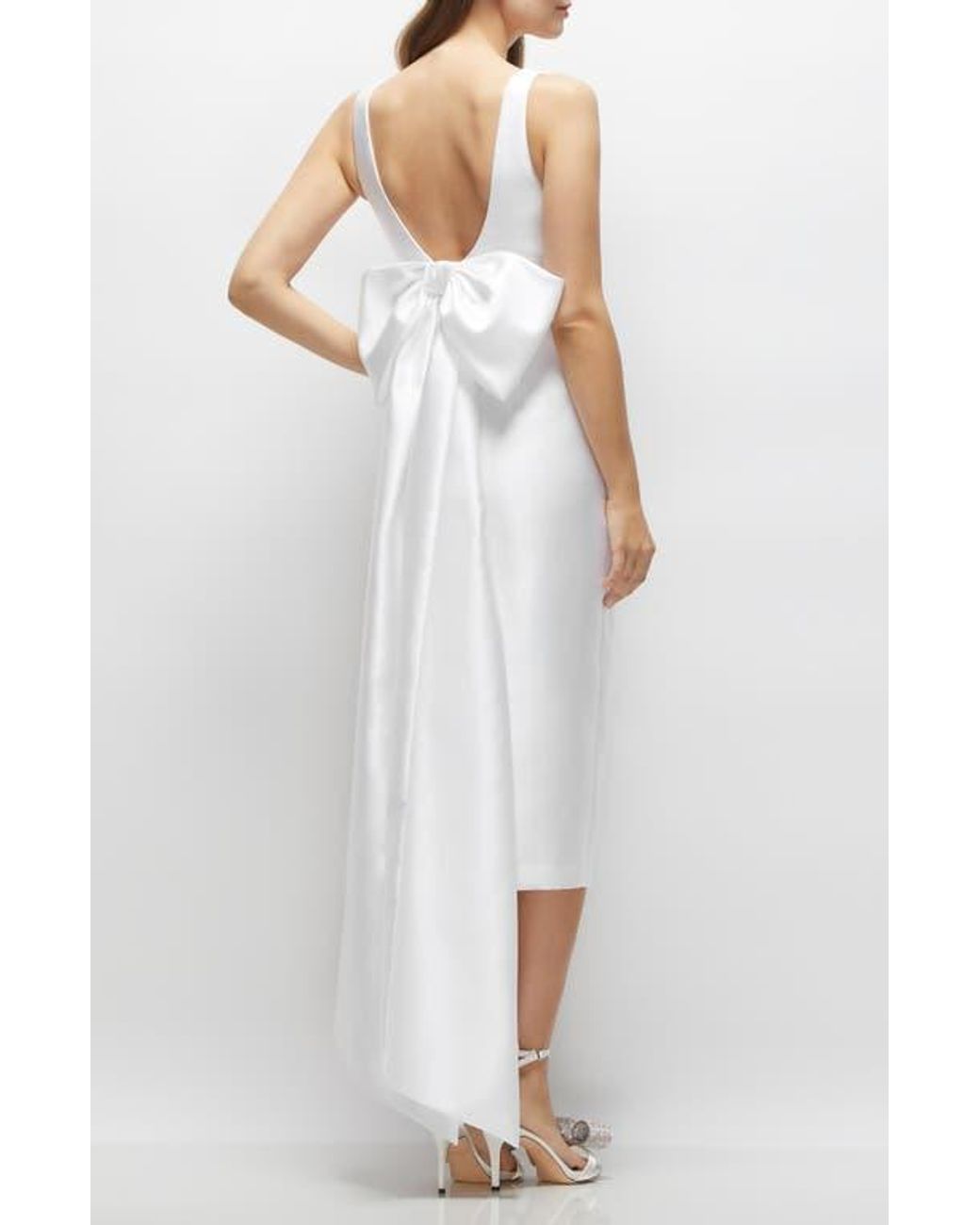 Alfred Sung Bow Back Satin Twill Midi Cocktail Dress in White | Lyst