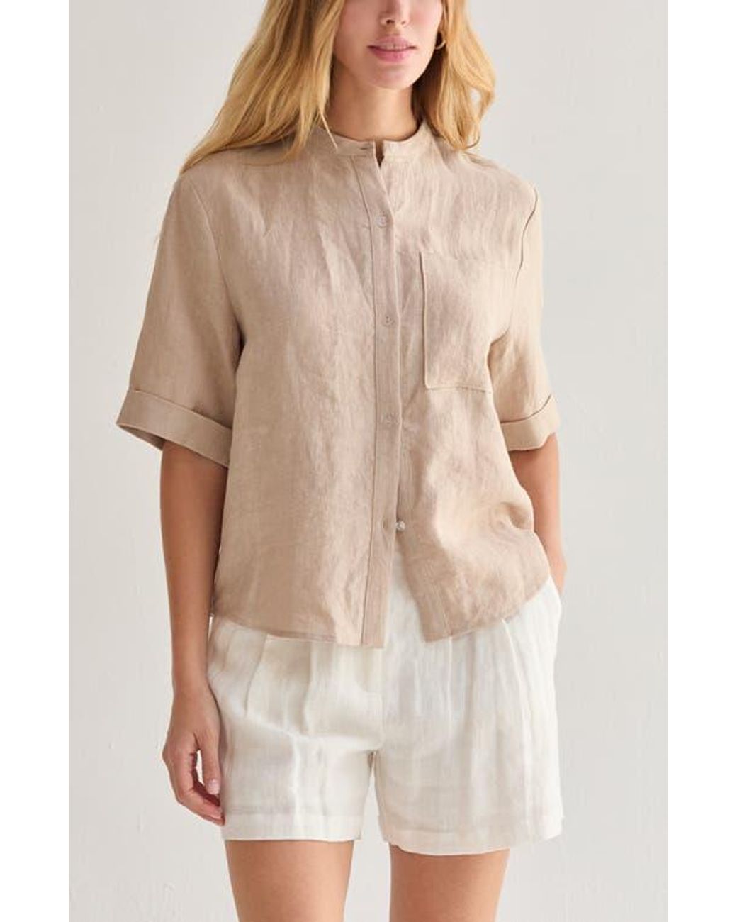 Crescent Natural Mandarin Collar Button Up Linen Top