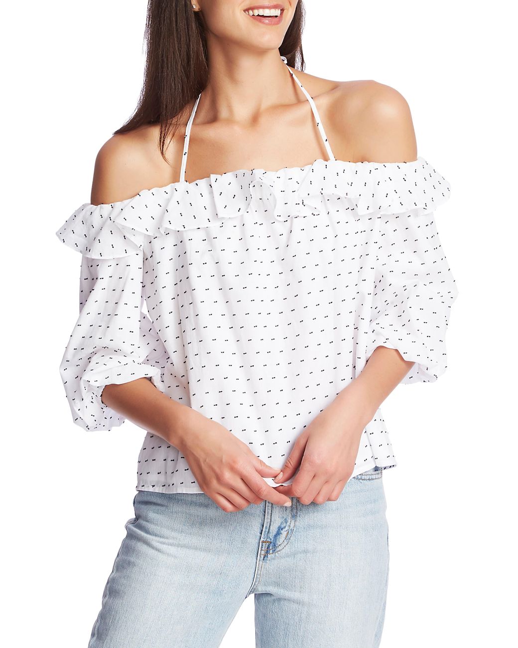 1.STATE Ruffle Halter Neck Clip Dot Top in Ultra White (White) - Lyst