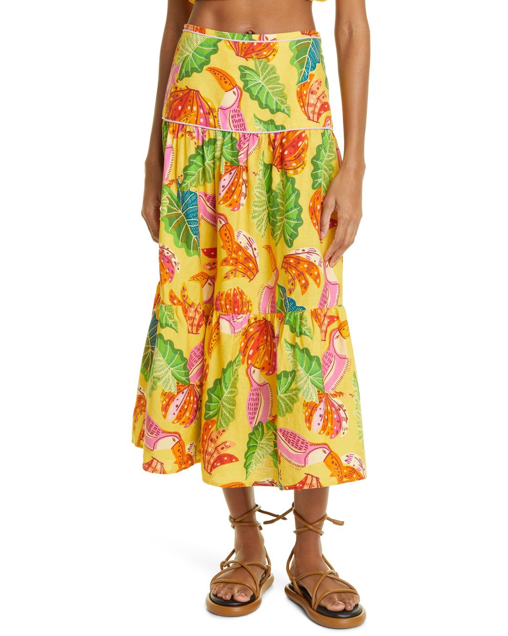 FARM Rio Beaks And Bananas Linen Blend Tiered Skirt In Yellow Lyst