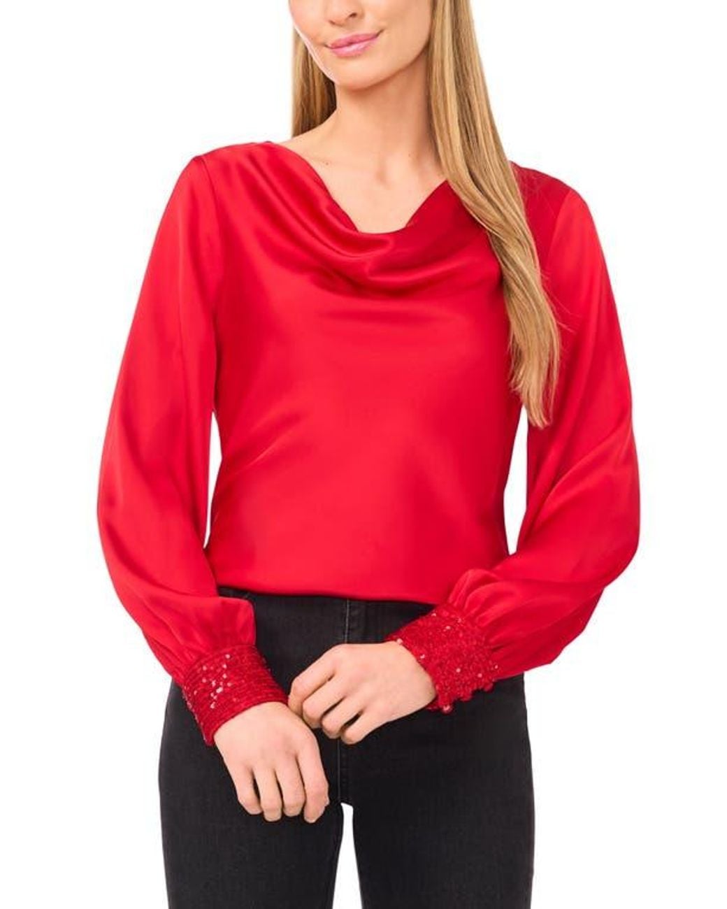 Cece Red Cowl Neck Sequin Cuff Charmeuse Top