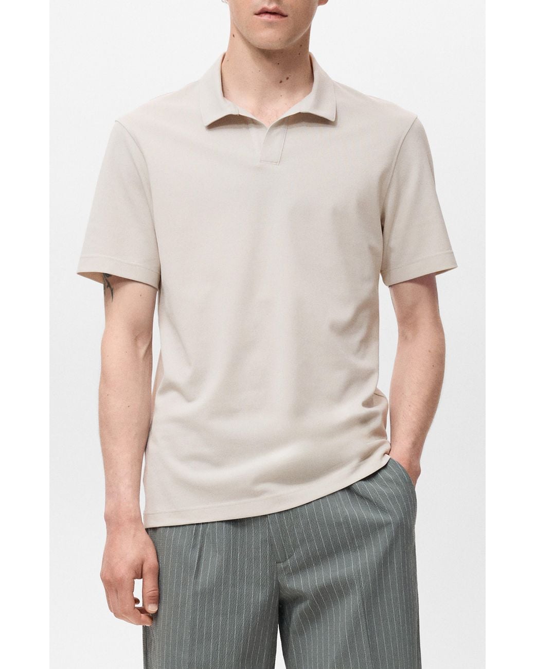 Mango Gray Solid Johnny Collar Cotton Blend Piqué Polo for men