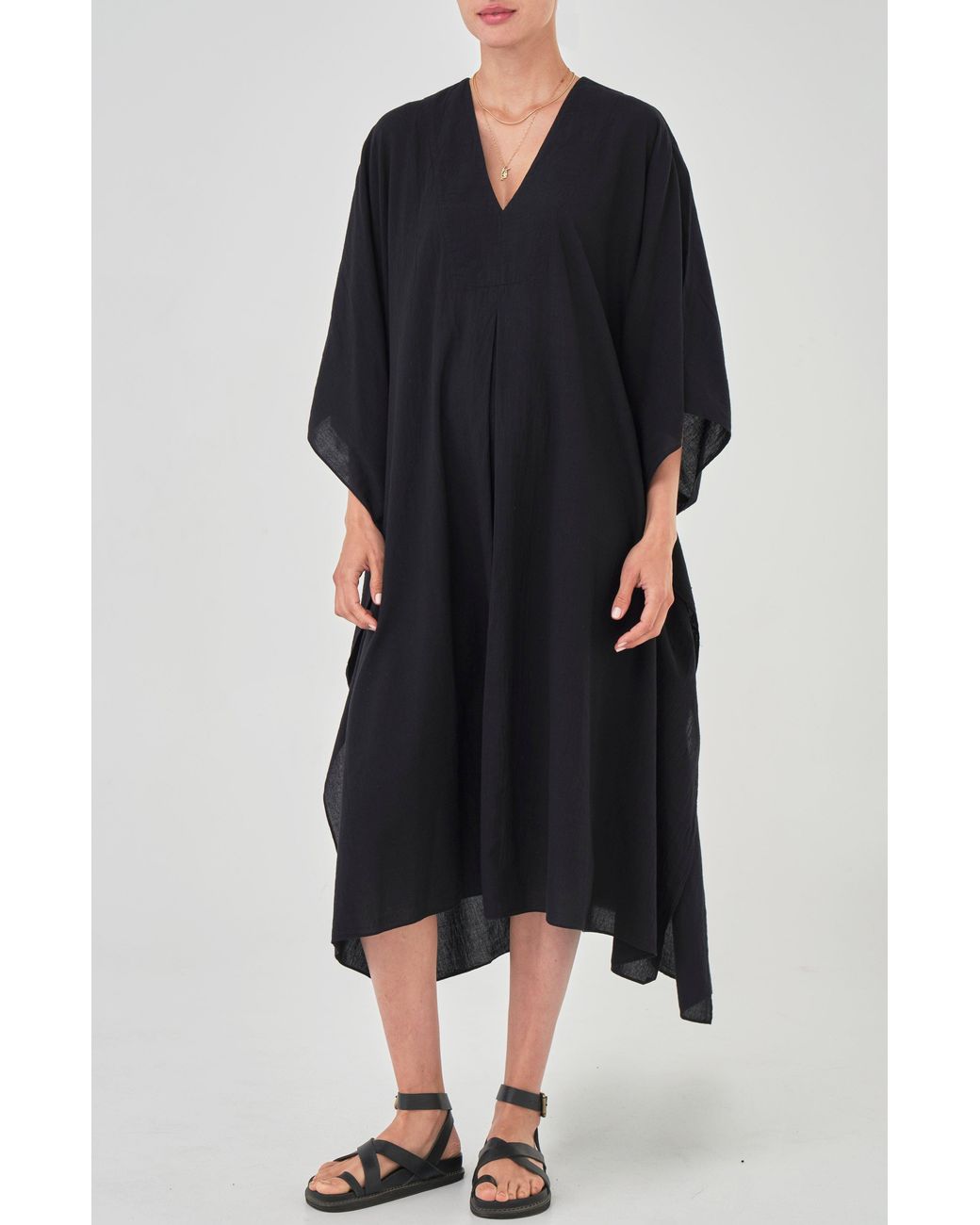 ocean + main Black Cotton Midi Caftan