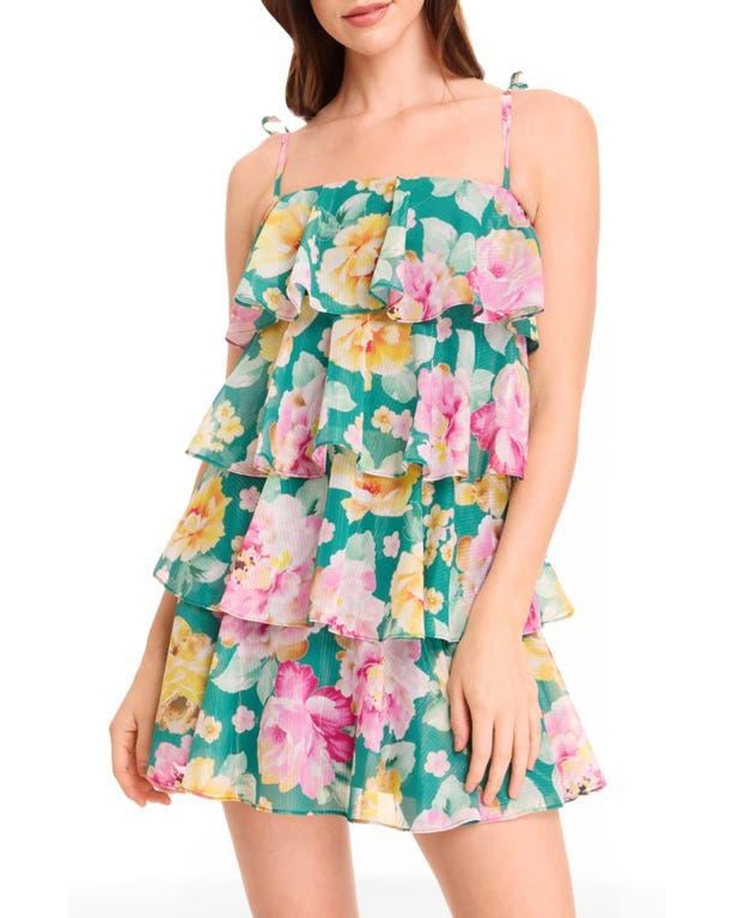 Dress the Population Pixie Metallic Stripe Floral Tiered Minidress in ...