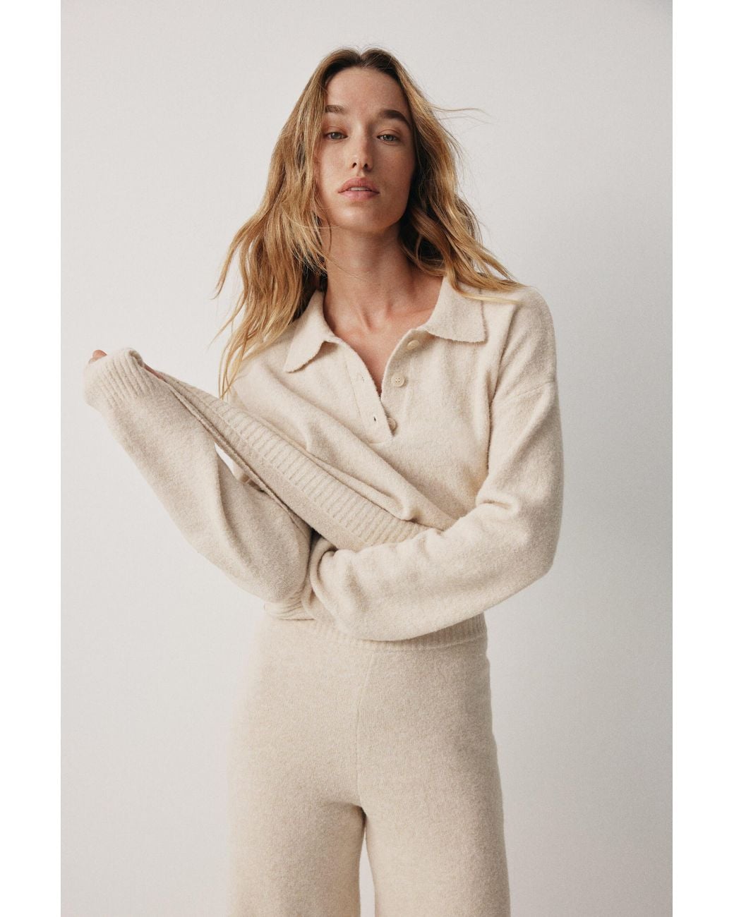 H&M Natural Cable-Knit Polo Jumper