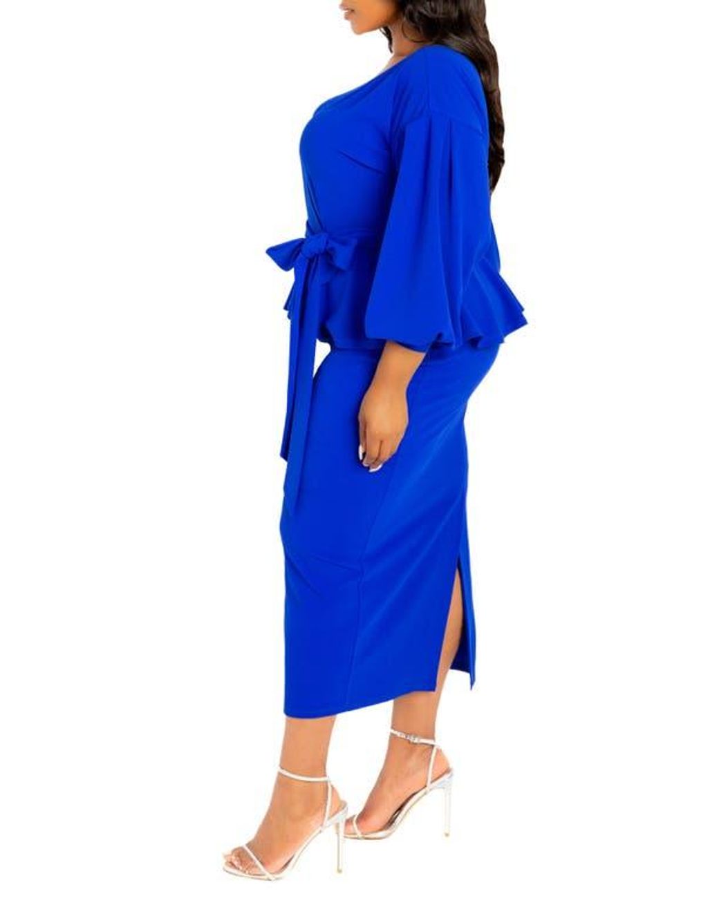 Buxom Couture Convertible Shoulder Belted Peplum Midi Dress in Blue | Lyst
