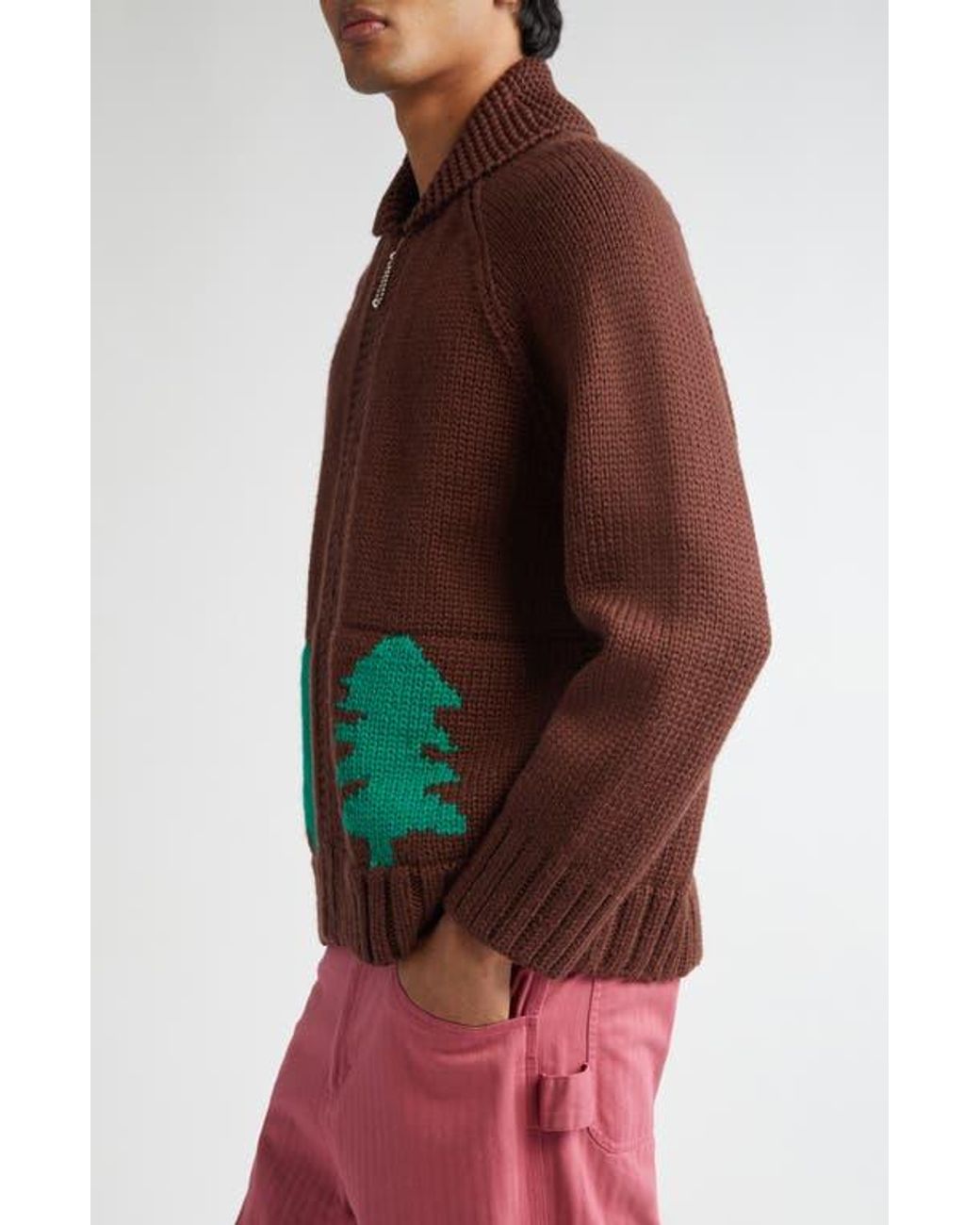 Bode Brown Fir Shawl Collar Wool Zip Cardigan for men