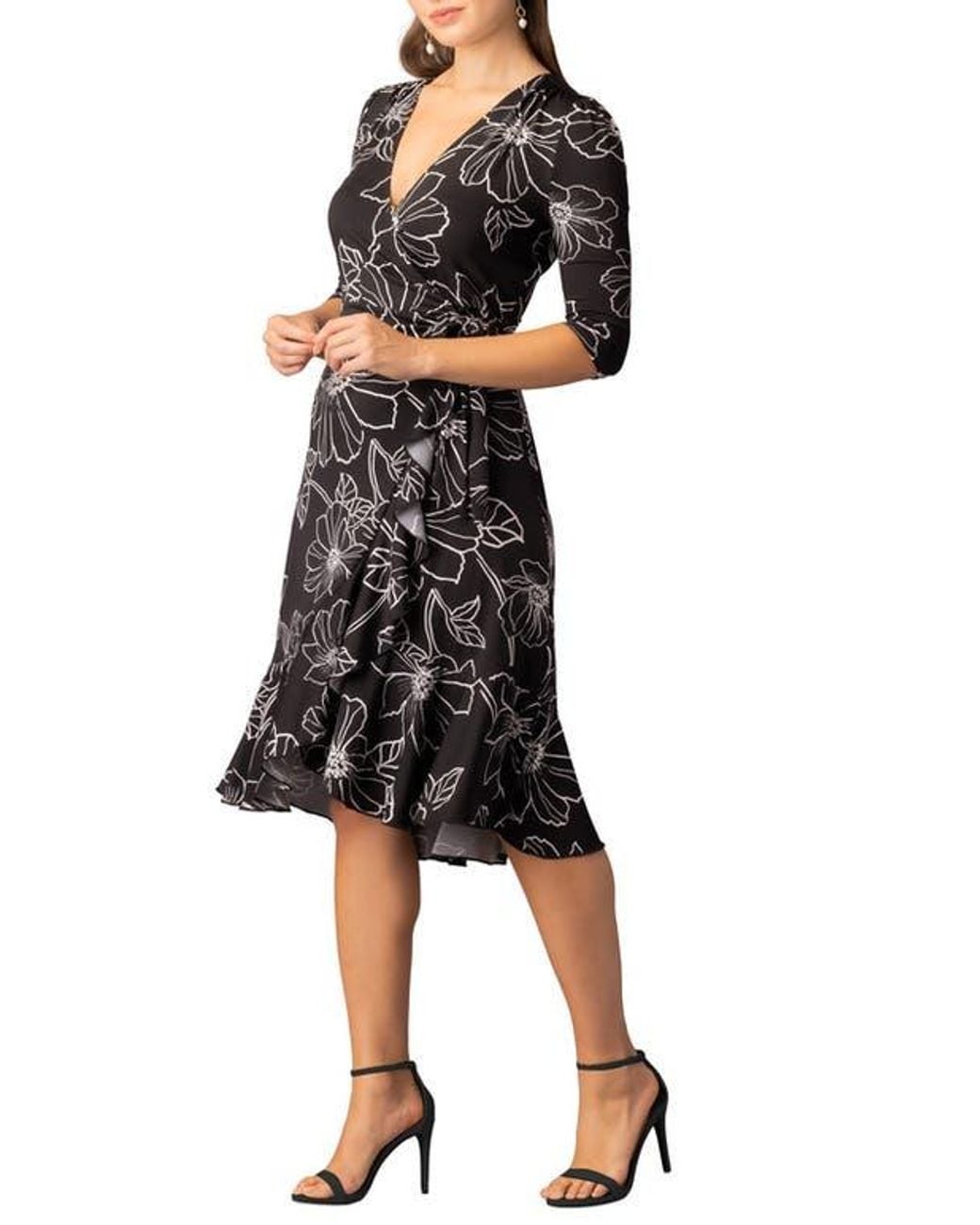 Kiyonna Black Flirty Flounce Midi Wrap Dress With 3/4 Sleeves